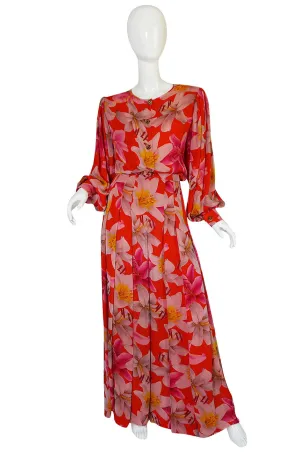 1980s Galanos Brilliant Floral Silk Chiffon Pant & Jacket Set