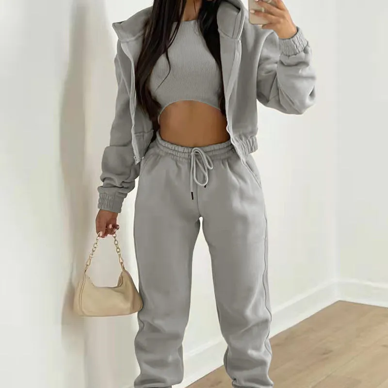 2025 Women's sporty casual hooded sweatshirt   slim-fit vest   trousers, set of 3.