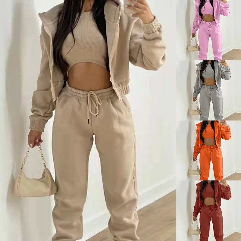 2025 Women's sporty casual hooded sweatshirt   slim-fit vest   trousers, set of 3.