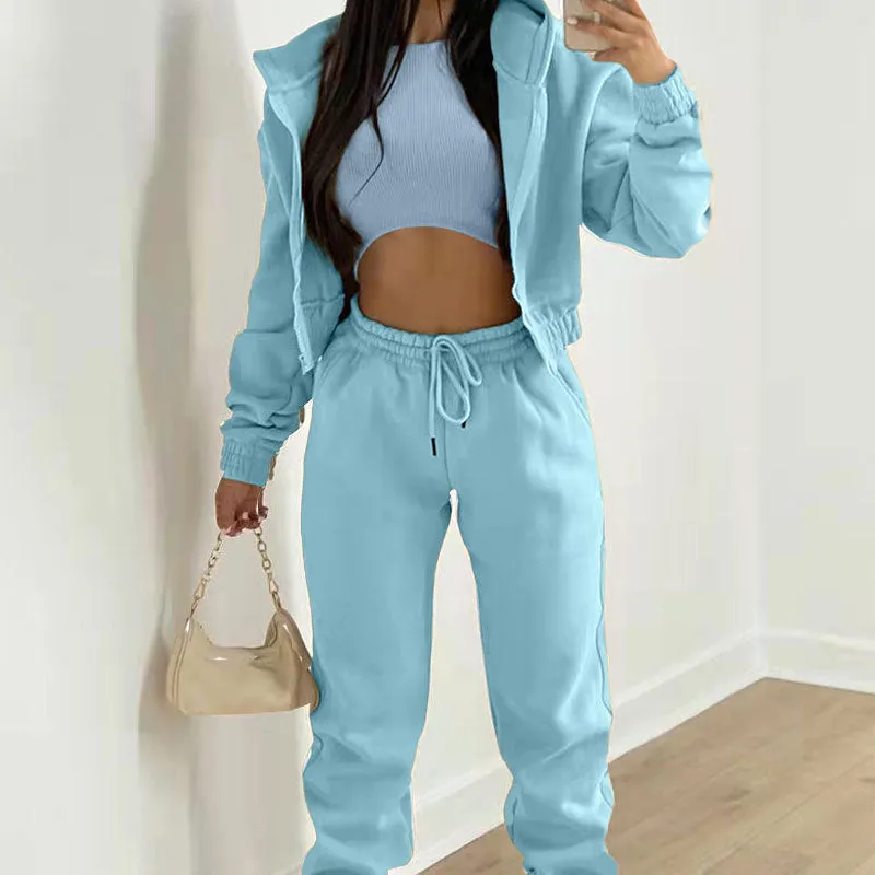 2025 Women's sporty casual hooded sweatshirt   slim-fit vest   trousers, set of 3.
