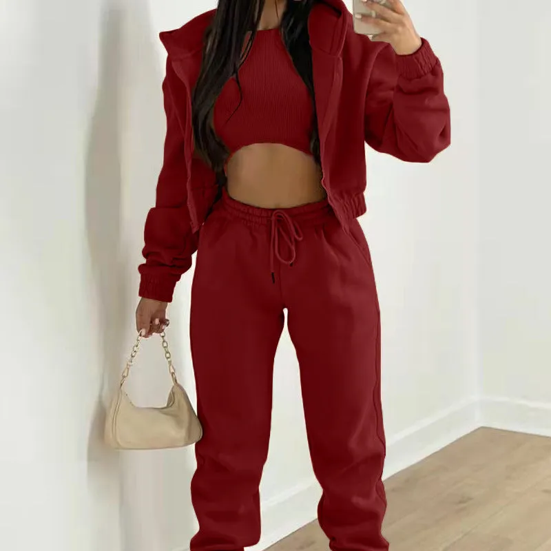2025 Women's sporty casual hooded sweatshirt   slim-fit vest   trousers, set of 3.