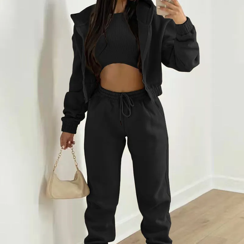 2025 Women's sporty casual hooded sweatshirt   slim-fit vest   trousers, set of 3.