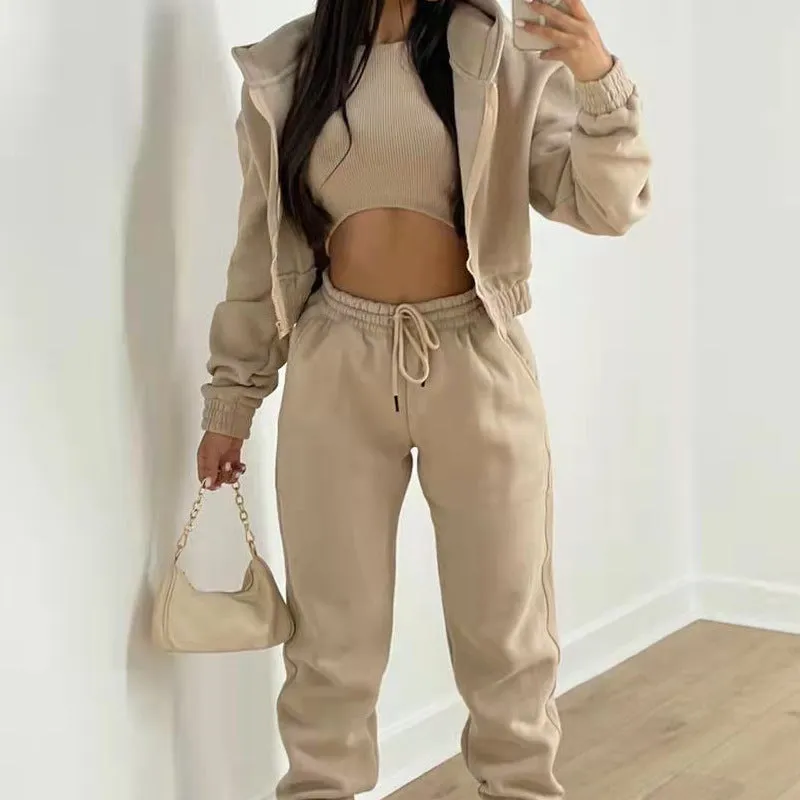 2025 Women's sporty casual hooded sweatshirt   slim-fit vest   trousers, set of 3.