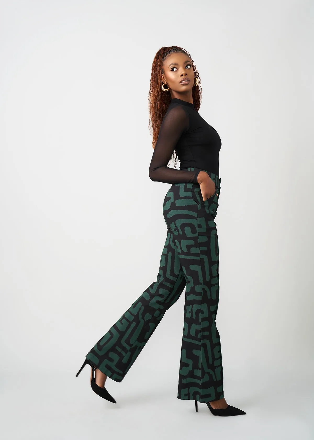 Abebe Women's African Print Stretch Wide Leg Pants (Black Malachite Geometric)