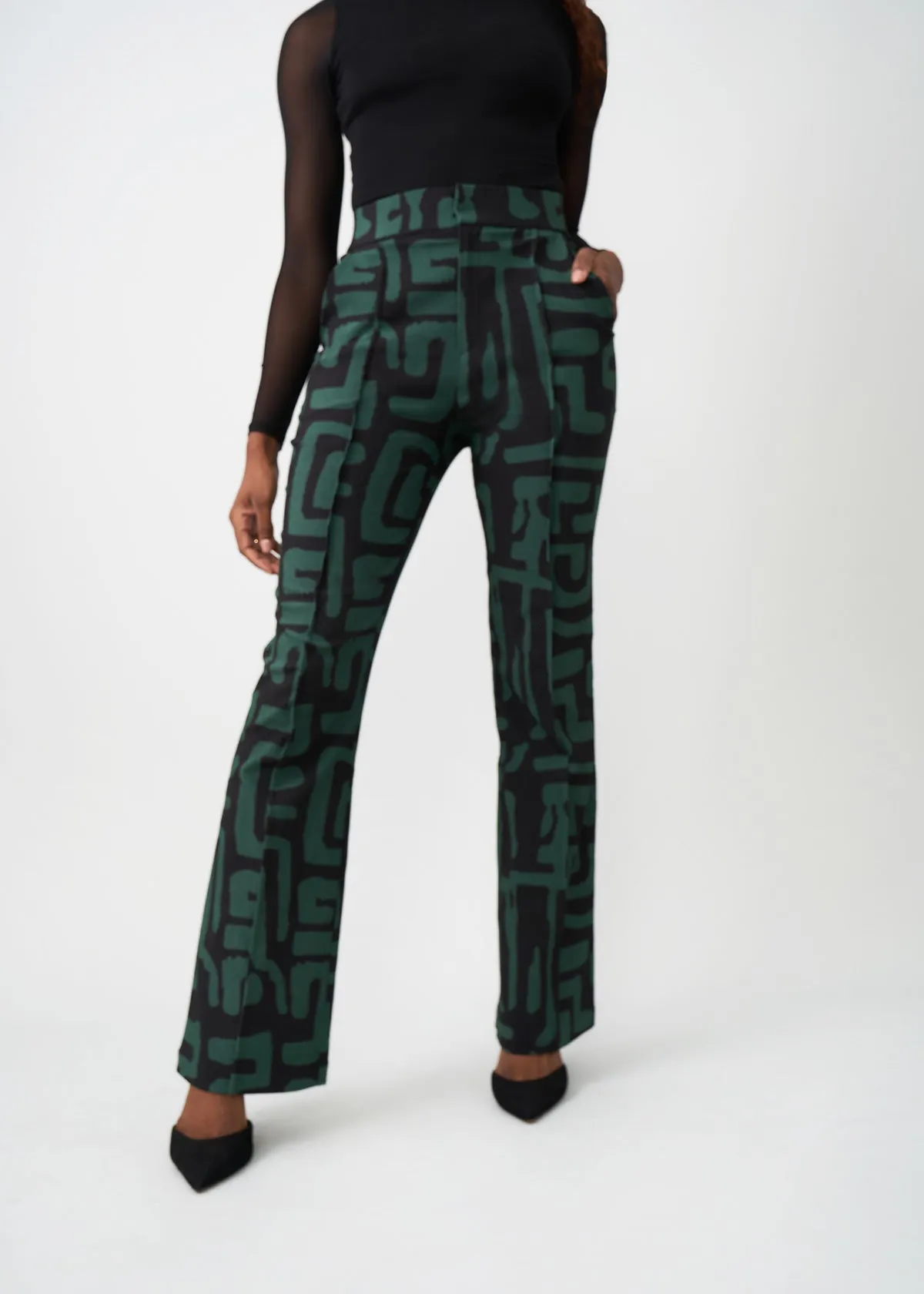 Abebe Women's African Print Stretch Wide Leg Pants (Black Malachite Geometric)
