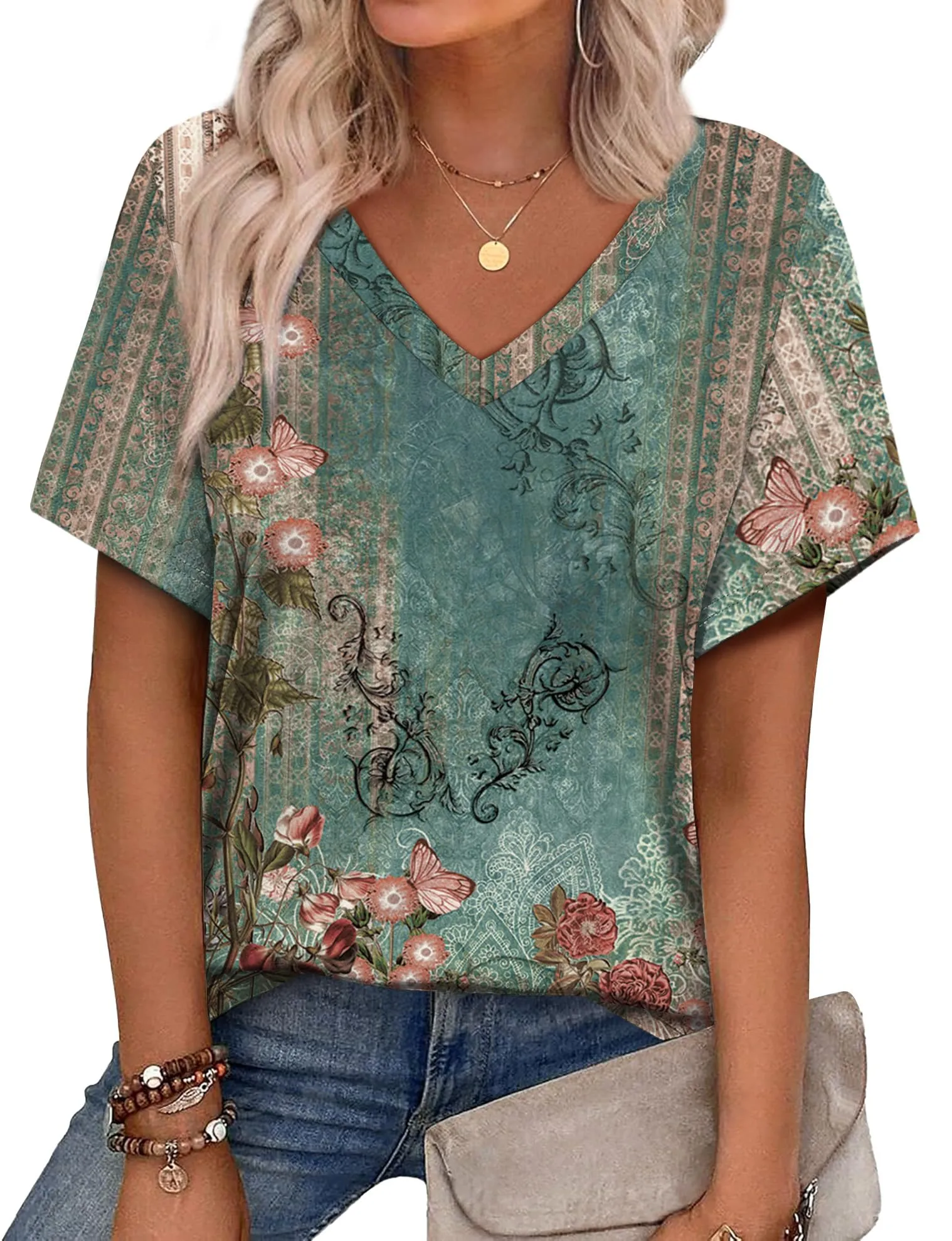 Alaroo Womens Summer Tops 2025 V Neck Short Sleeve Shirts Trendy Dressy Casual Vacation Outfits Printed