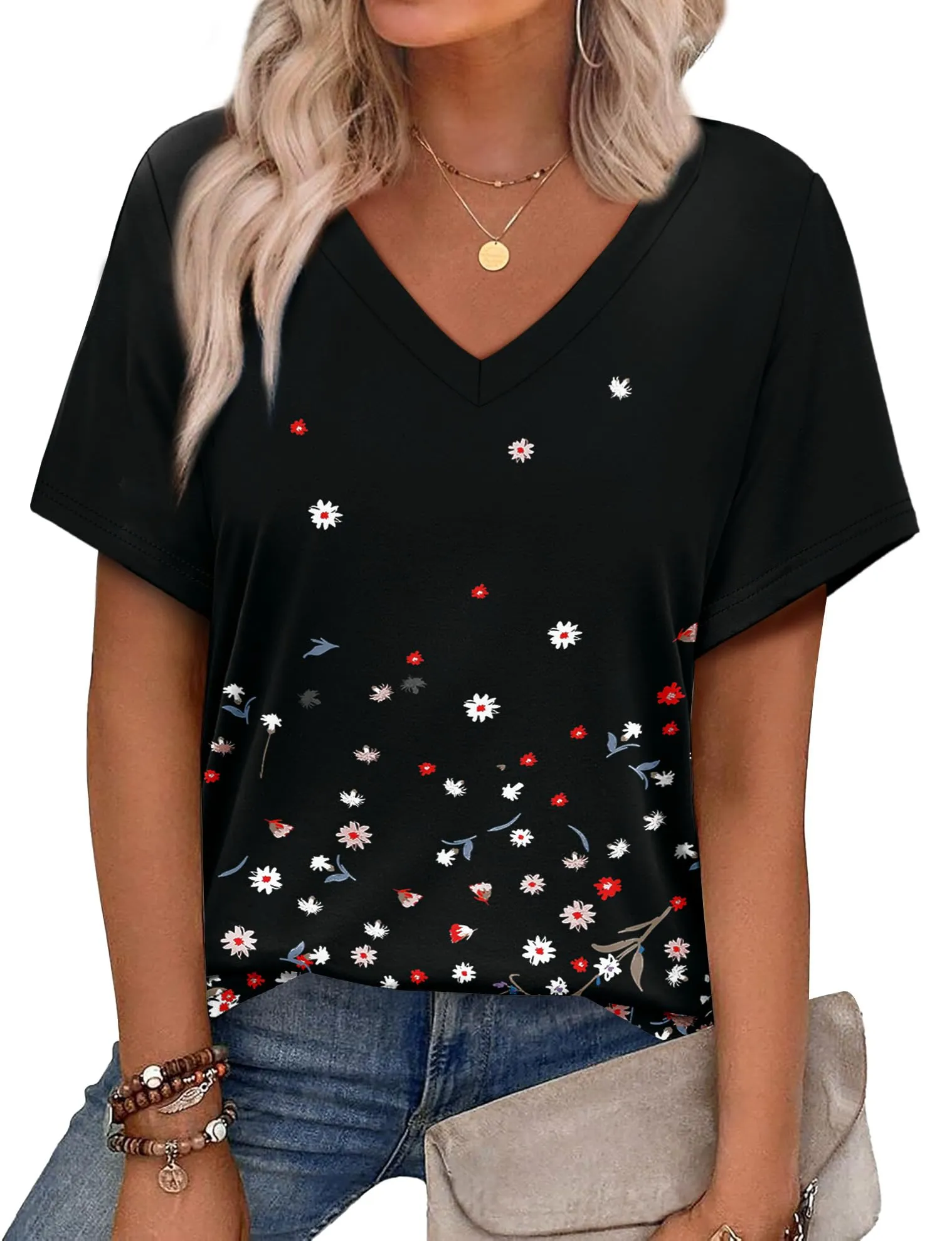 Alaroo Womens Summer Tops 2025 V Neck Short Sleeve Shirts Trendy Dressy Casual Vacation Outfits Printed