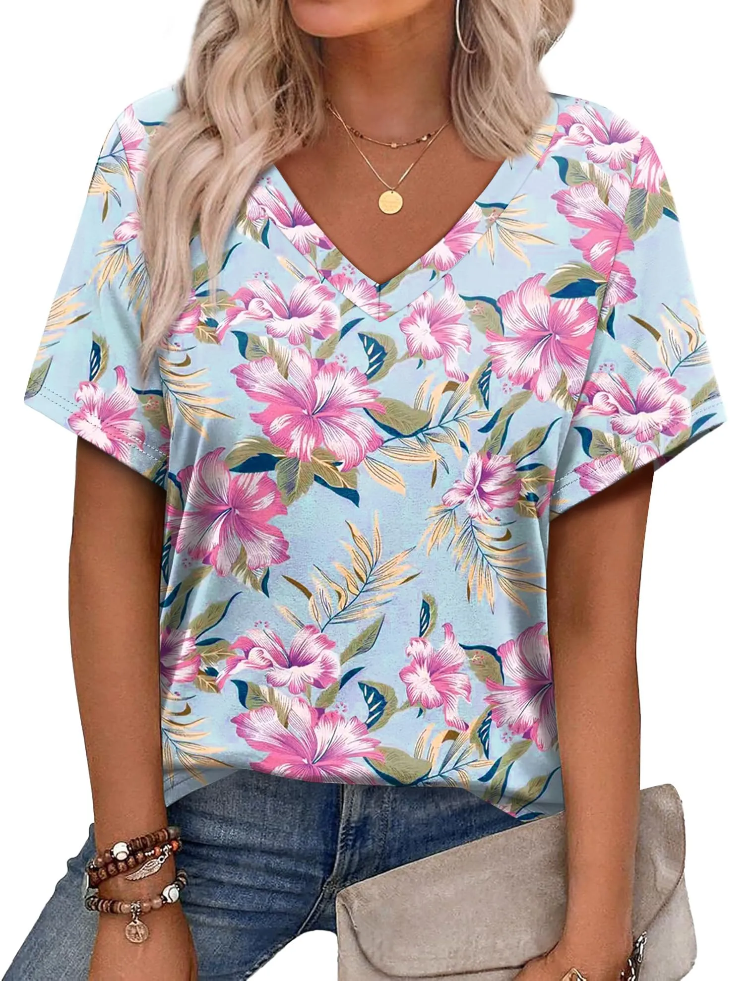 Alaroo Womens Summer Tops 2025 V Neck Short Sleeve Shirts Trendy Dressy Casual Vacation Outfits Printed
