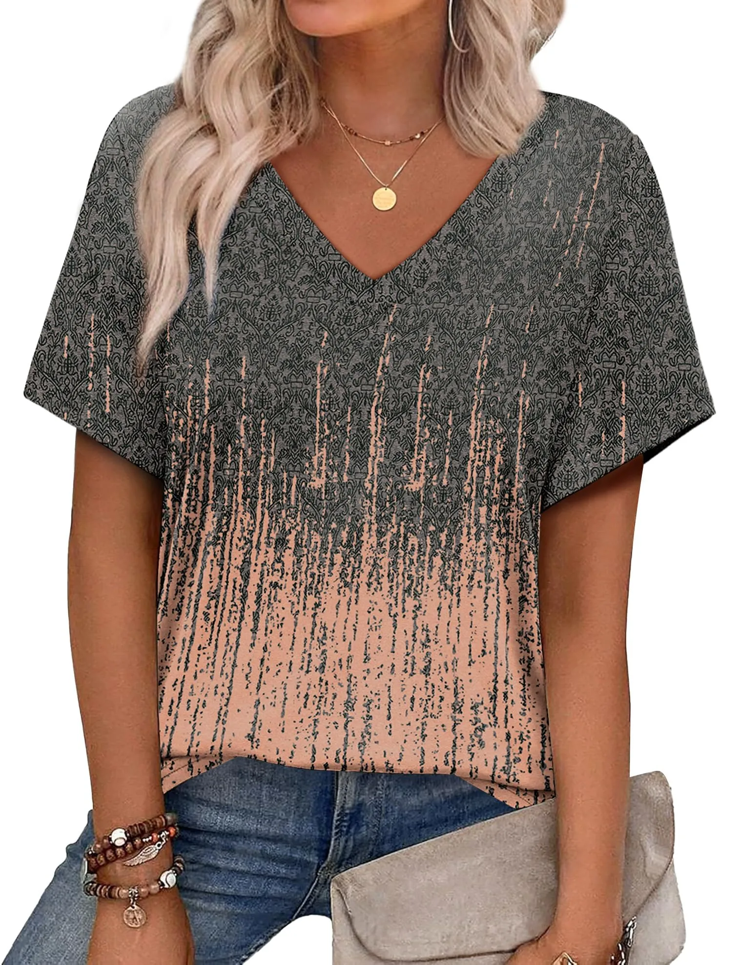 Alaroo Womens Summer Tops 2025 V Neck Short Sleeve Shirts Trendy Dressy Casual Vacation Outfits Printed