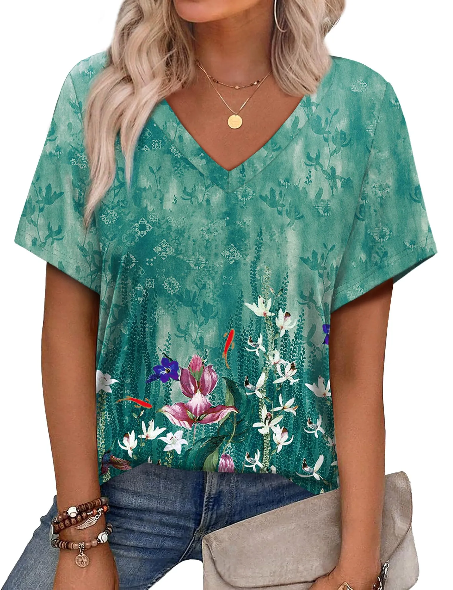 Alaroo Womens Summer Tops 2025 V Neck Short Sleeve Shirts Trendy Dressy Casual Vacation Outfits Printed