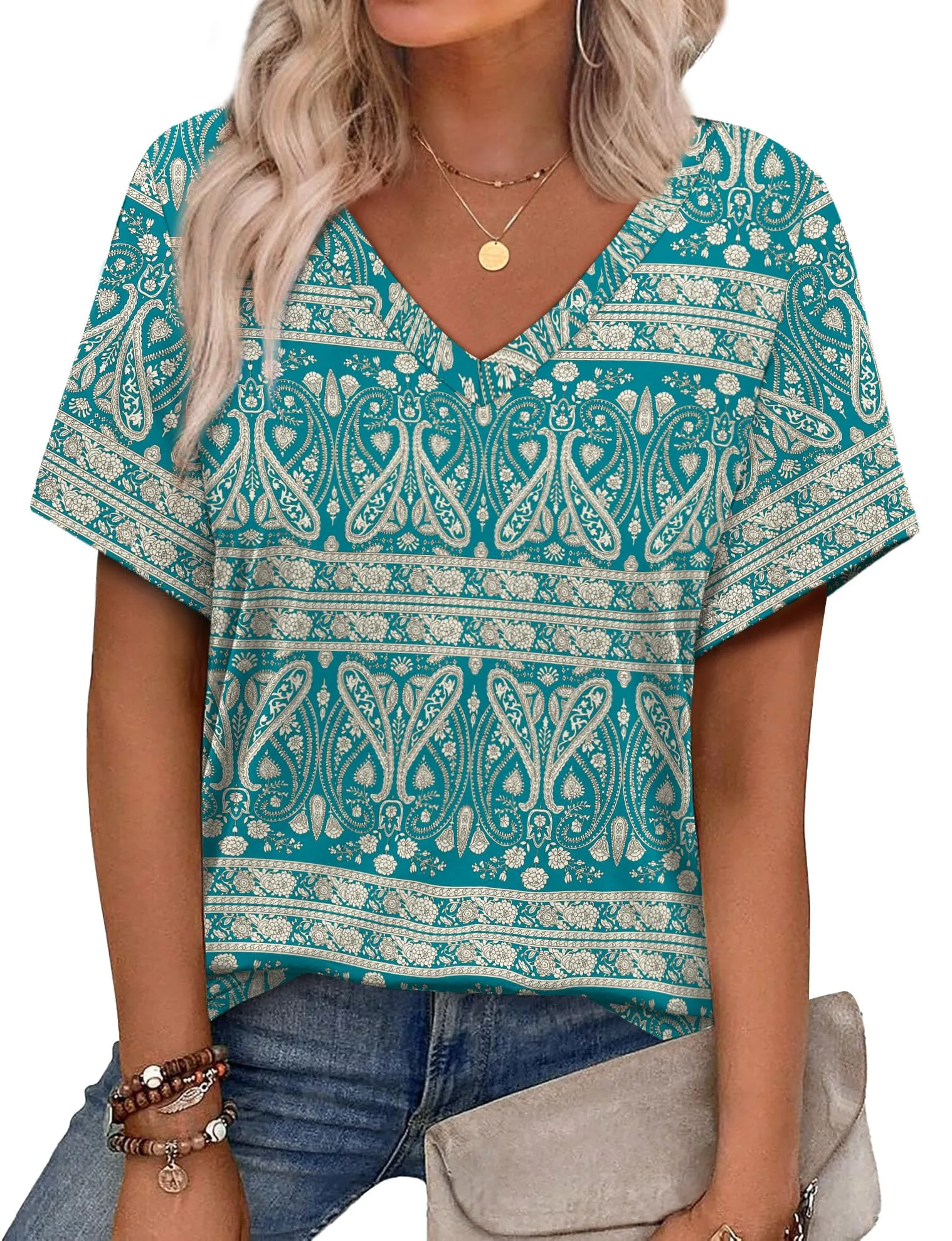 Alaroo Womens Summer Tops 2025 V Neck Short Sleeve Shirts Trendy Dressy Casual Vacation Outfits Printed