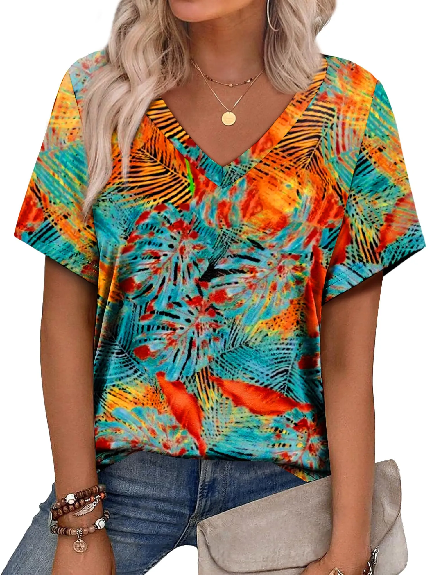 Alaroo Womens Summer Tops 2025 V Neck Short Sleeve Shirts Trendy Dressy Casual Vacation Outfits Printed