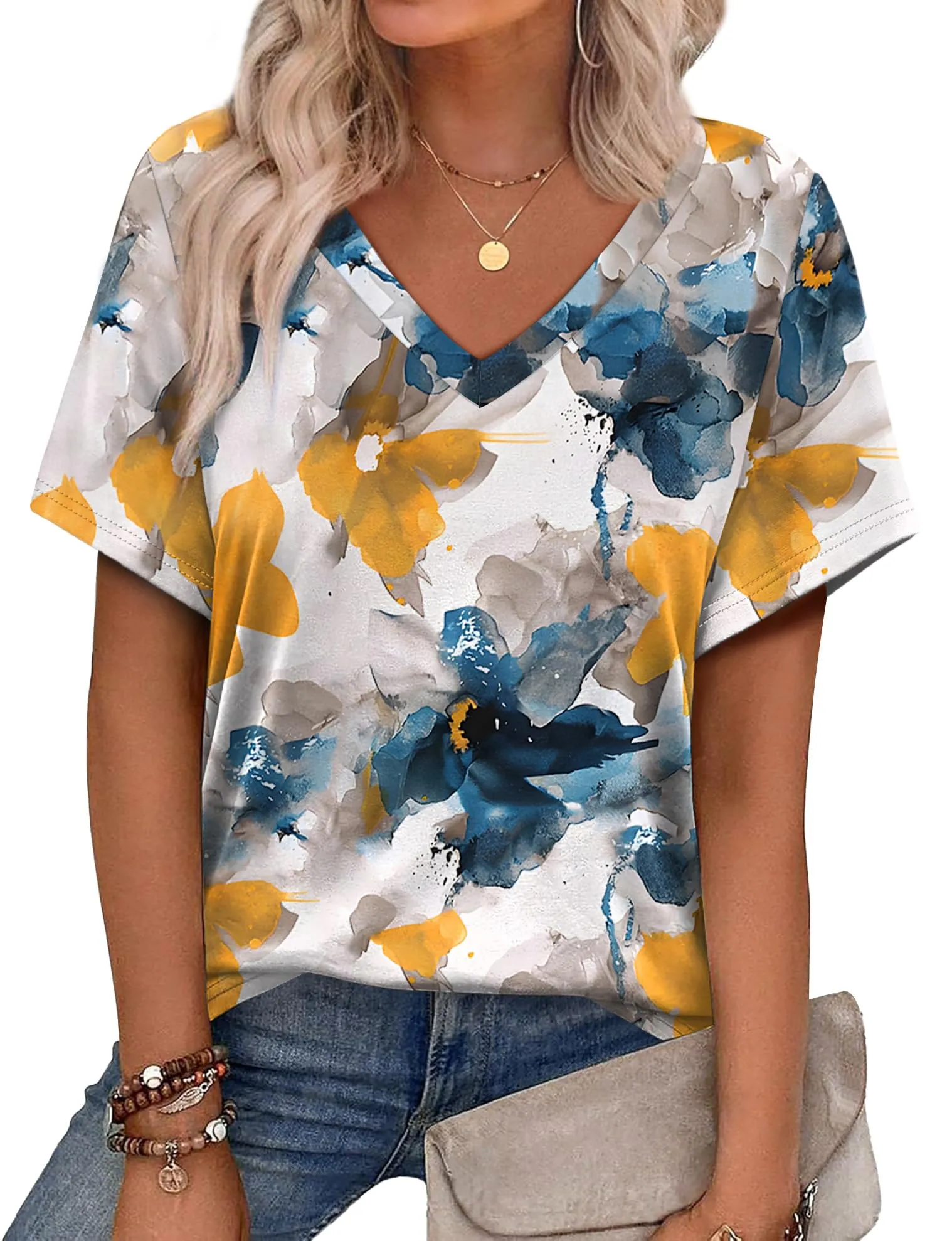 Alaroo Womens Summer Tops 2025 V Neck Short Sleeve Shirts Trendy Dressy Casual Vacation Outfits Printed