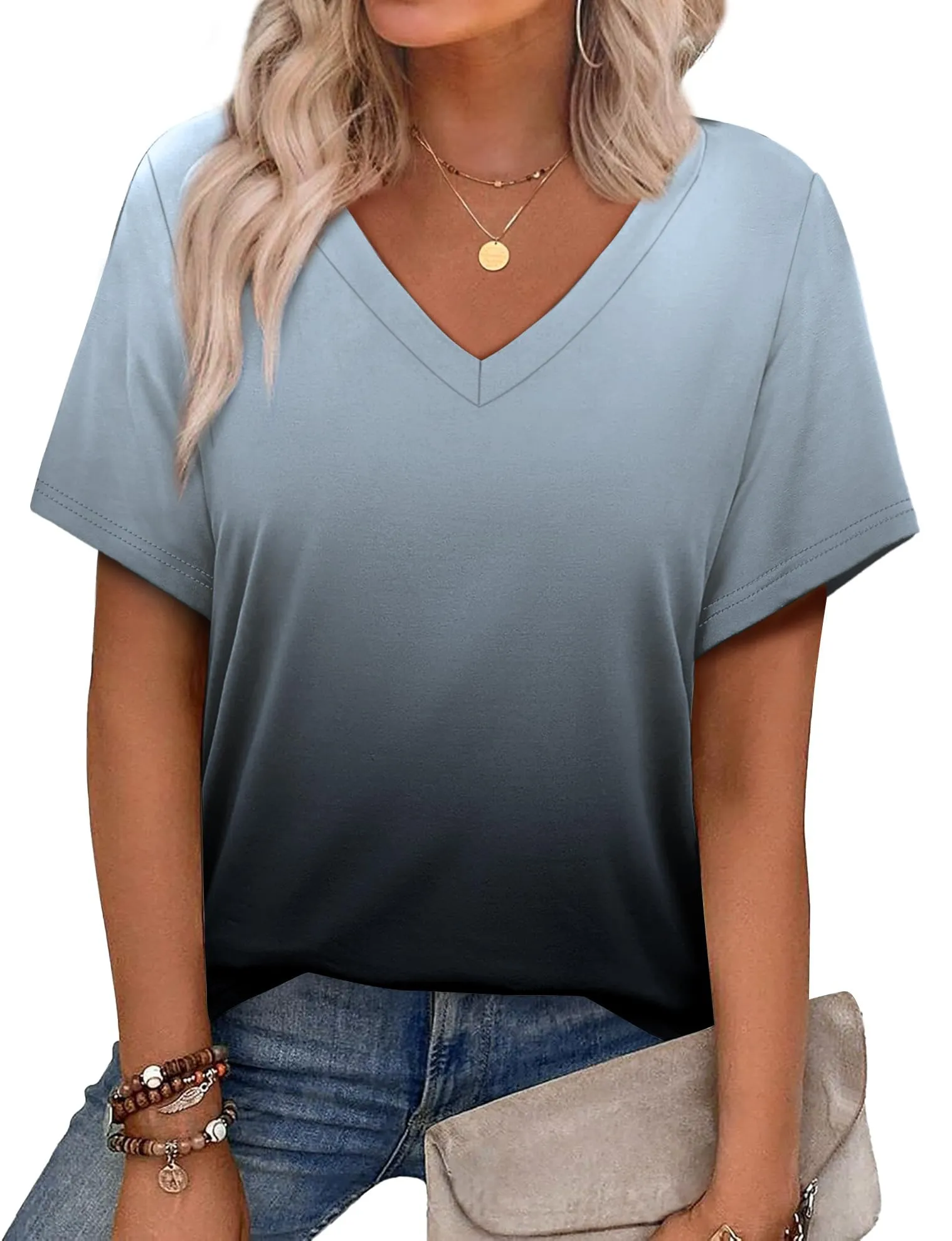 Alaroo Womens Summer Tops 2025 V Neck Short Sleeve Shirts Trendy Dressy Casual Vacation Outfits Printed