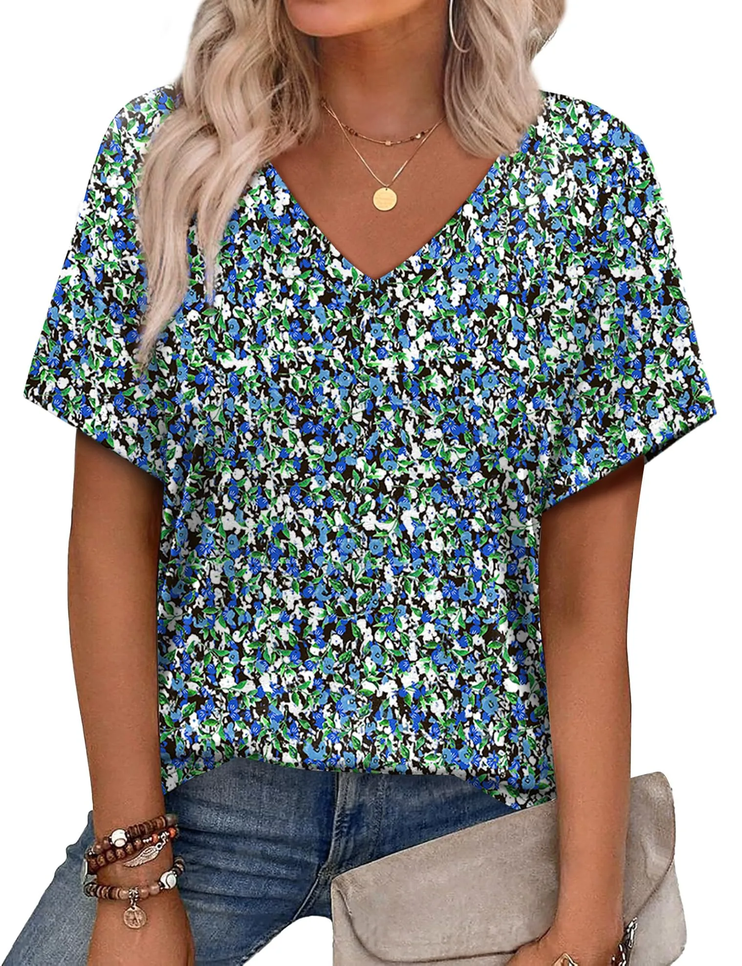 Alaroo Womens Summer Tops 2025 V Neck Short Sleeve Shirts Trendy Dressy Casual Vacation Outfits Printed