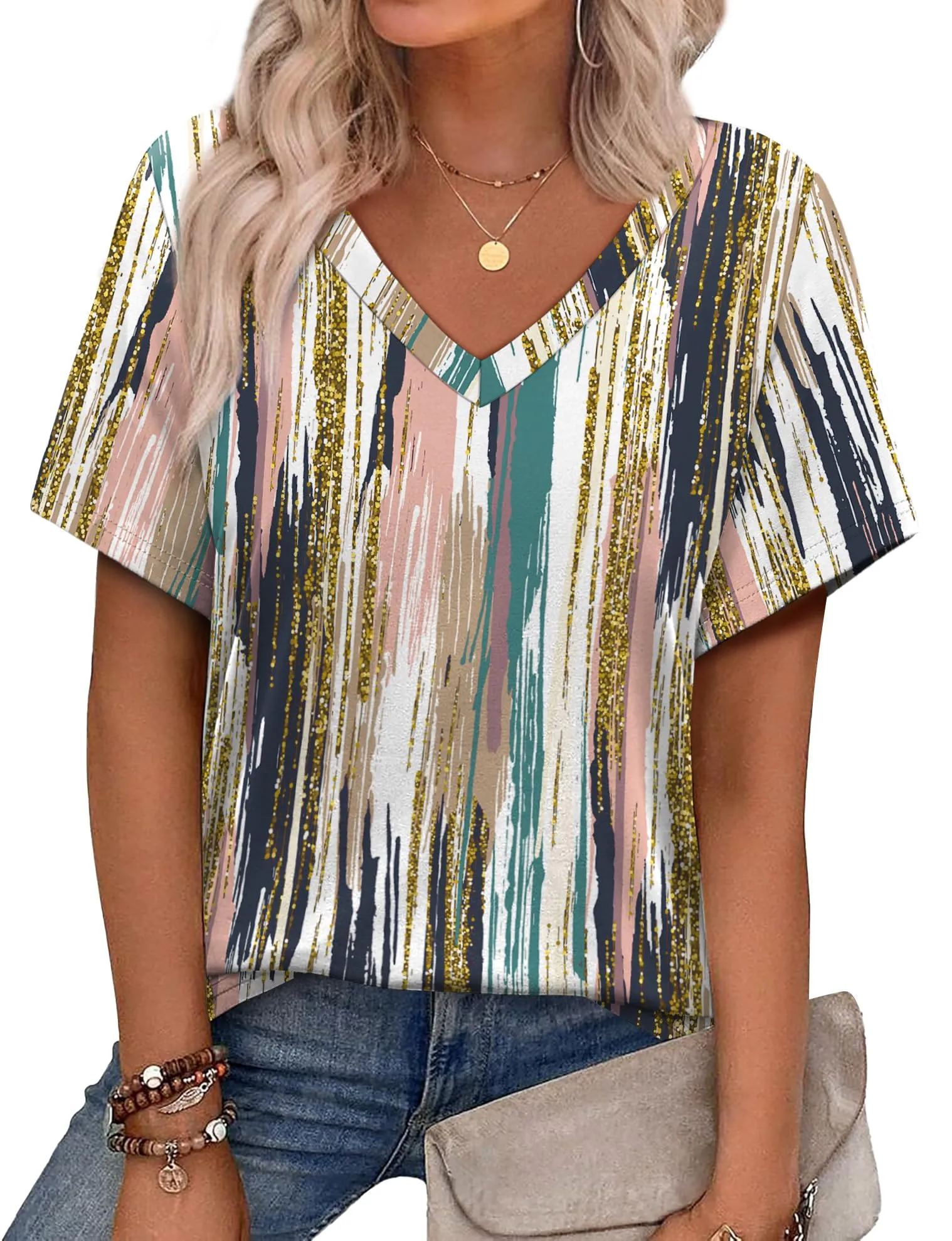 Alaroo Womens Summer Tops 2025 V Neck Short Sleeve Shirts Trendy Dressy Casual Vacation Outfits Printed