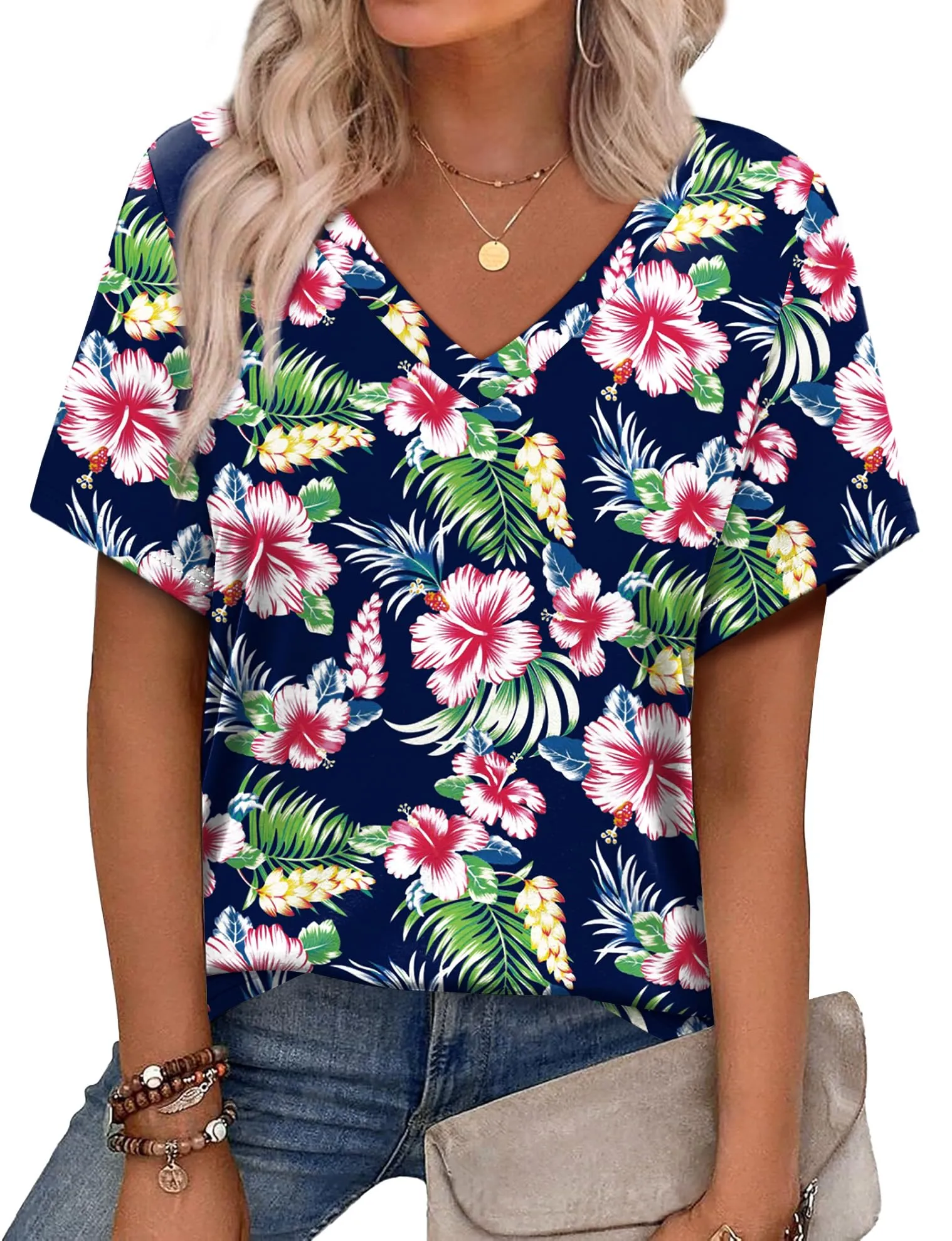 Alaroo Womens Summer Tops 2025 V Neck Short Sleeve Shirts Trendy Dressy Casual Vacation Outfits Printed