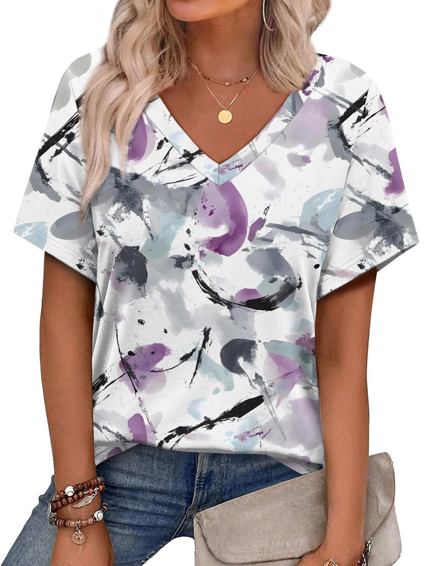 Alaroo Womens Summer Tops 2025 V Neck Short Sleeve Shirts Trendy Dressy Casual Vacation Outfits Printed