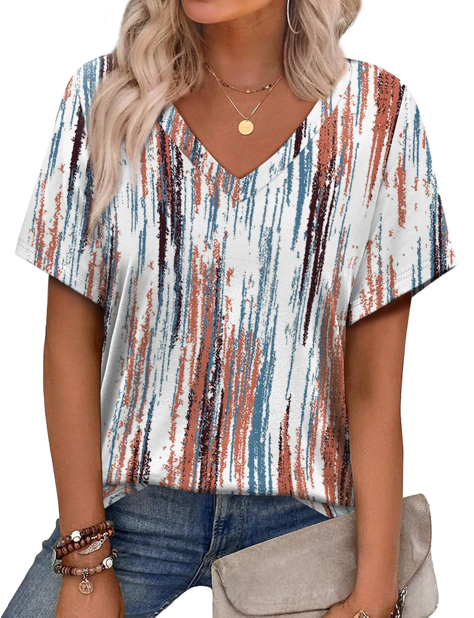 Alaroo Womens Summer Tops 2025 V Neck Short Sleeve Shirts Trendy Dressy Casual Vacation Outfits Printed