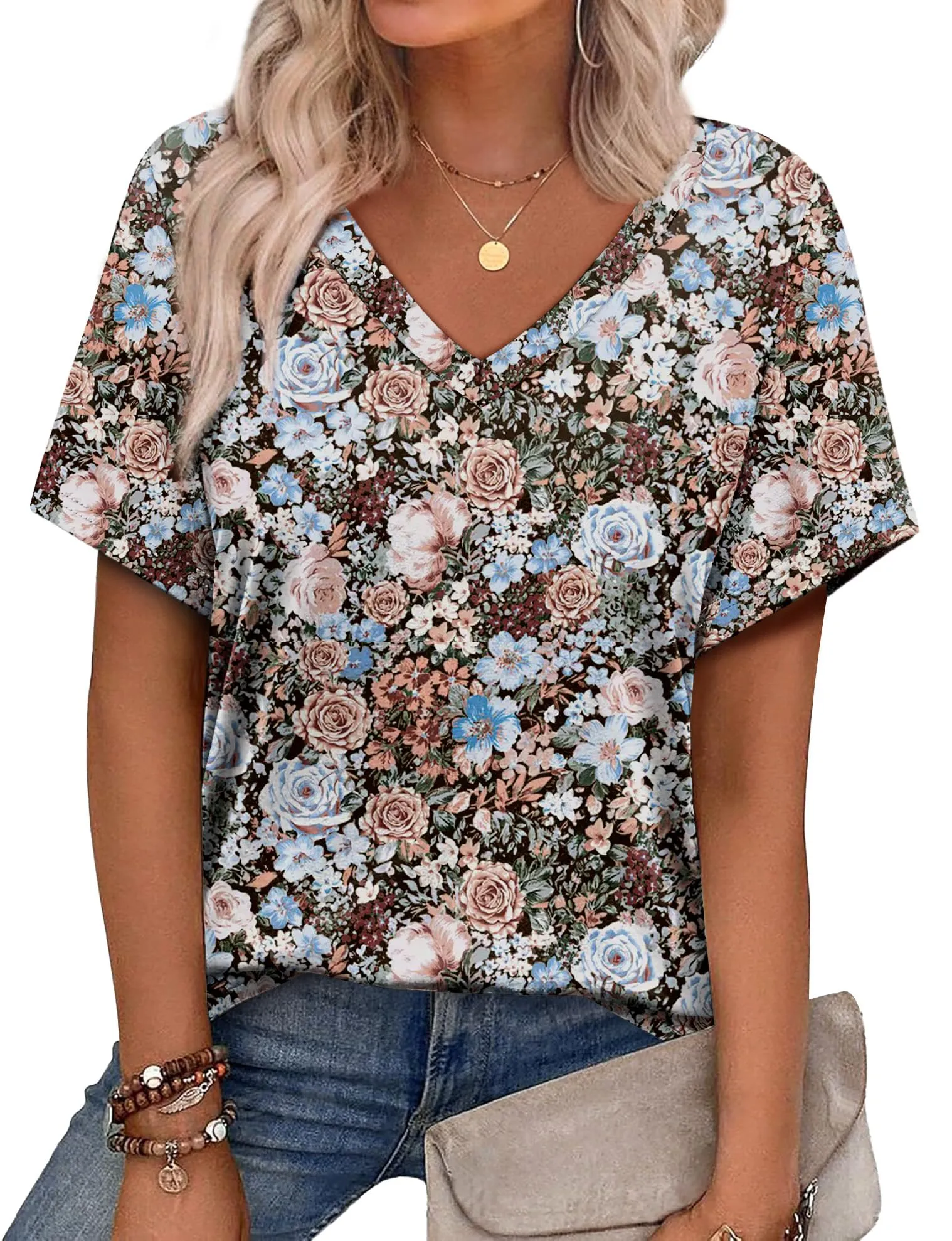 Alaroo Womens Summer Tops 2025 V Neck Short Sleeve Shirts Trendy Dressy Casual Vacation Outfits Printed