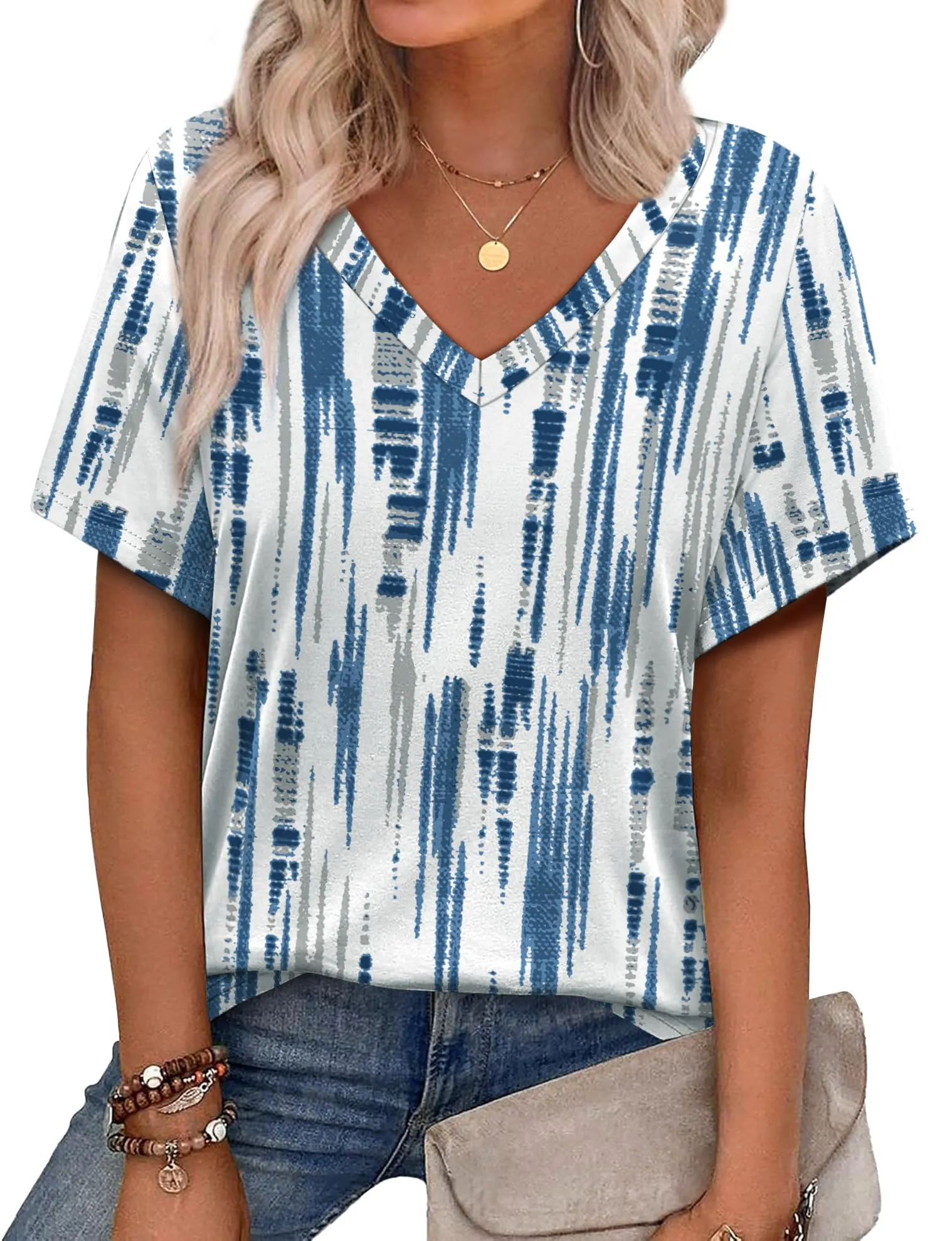 Alaroo Womens Summer Tops 2025 V Neck Short Sleeve Shirts Trendy Dressy Casual Vacation Outfits Printed