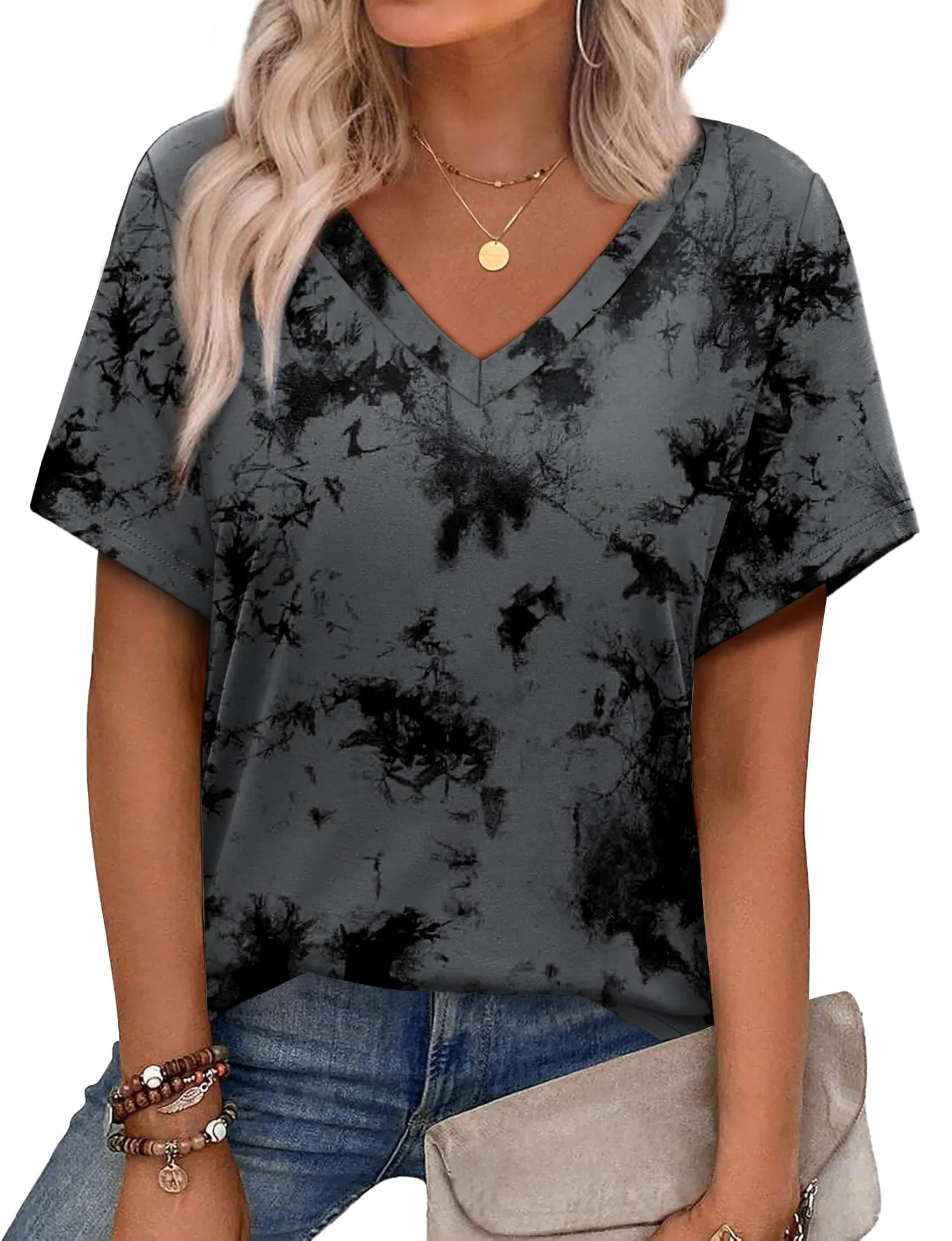 Alaroo Womens Summer Tops 2025 V Neck Short Sleeve Shirts Trendy Dressy Casual Vacation Outfits Printed