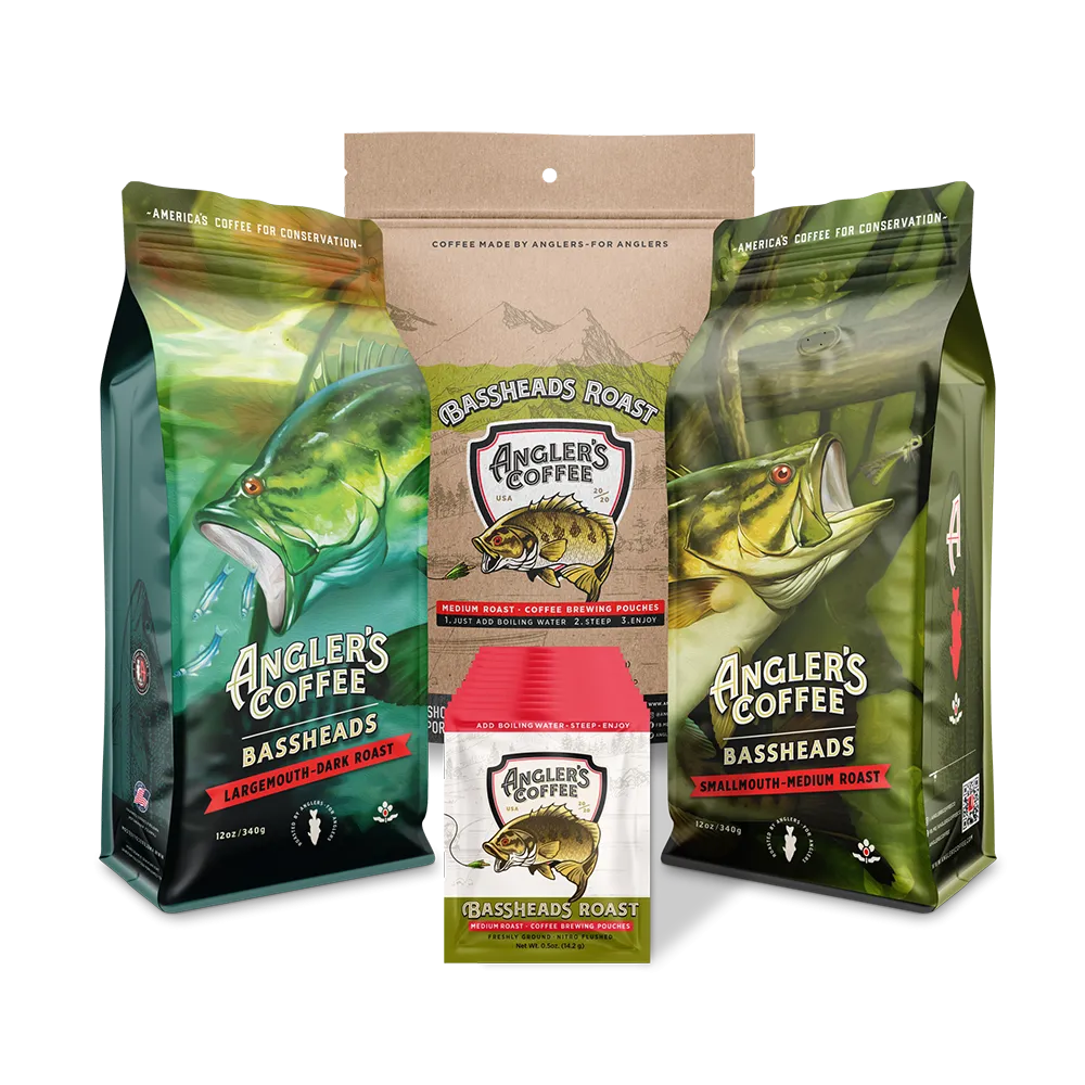Bassheads Pack ( Bassheads Smallmouth, Largemouth; 12oz, Single Serve Medium Roast Coffee Pouch (10) Anglers Classic line nippers)