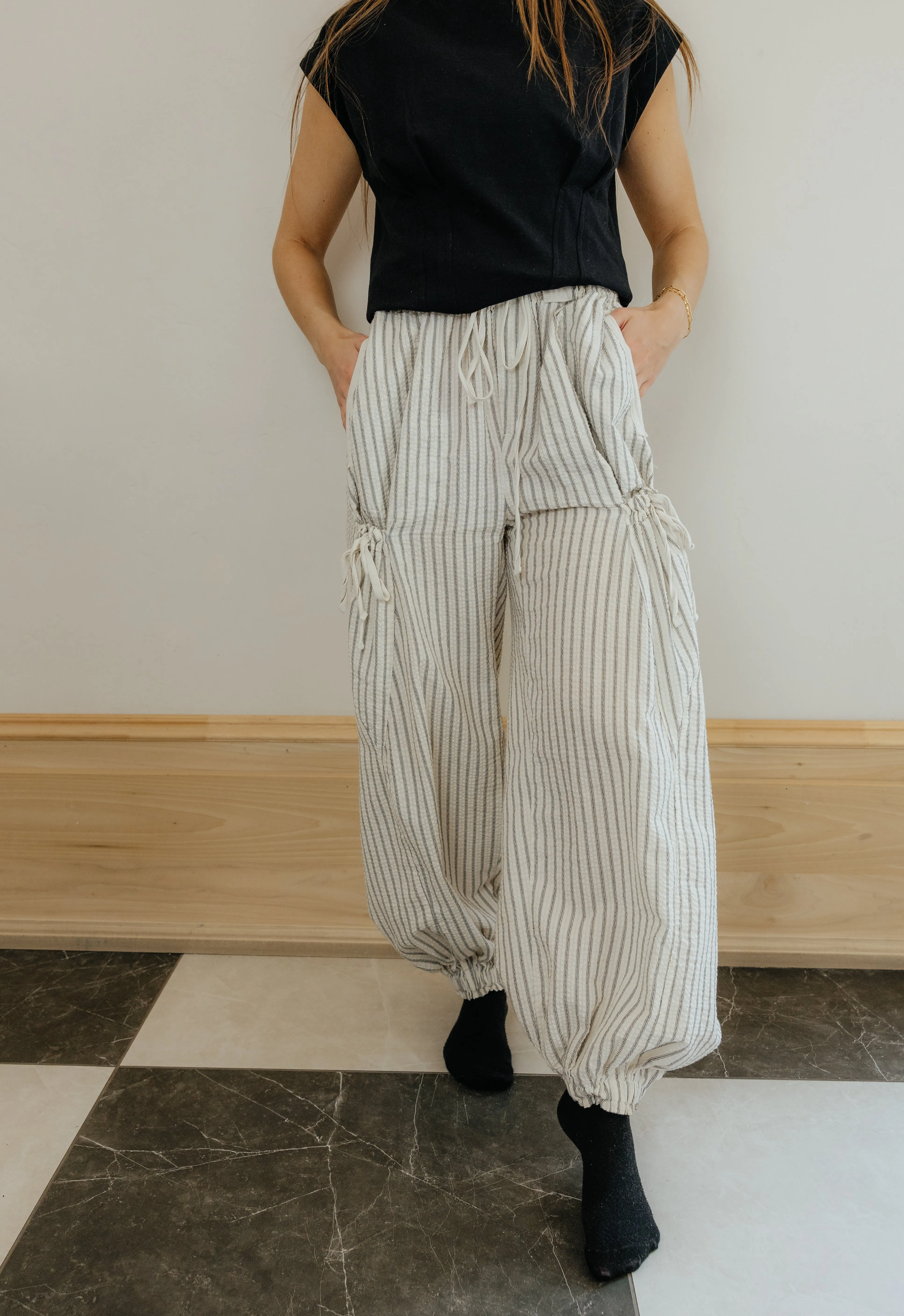 Beige Pinstripe Ruched Cargo Pants
