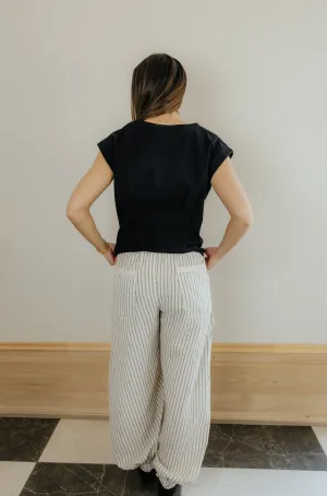 Beige Pinstripe Ruched Cargo Pants