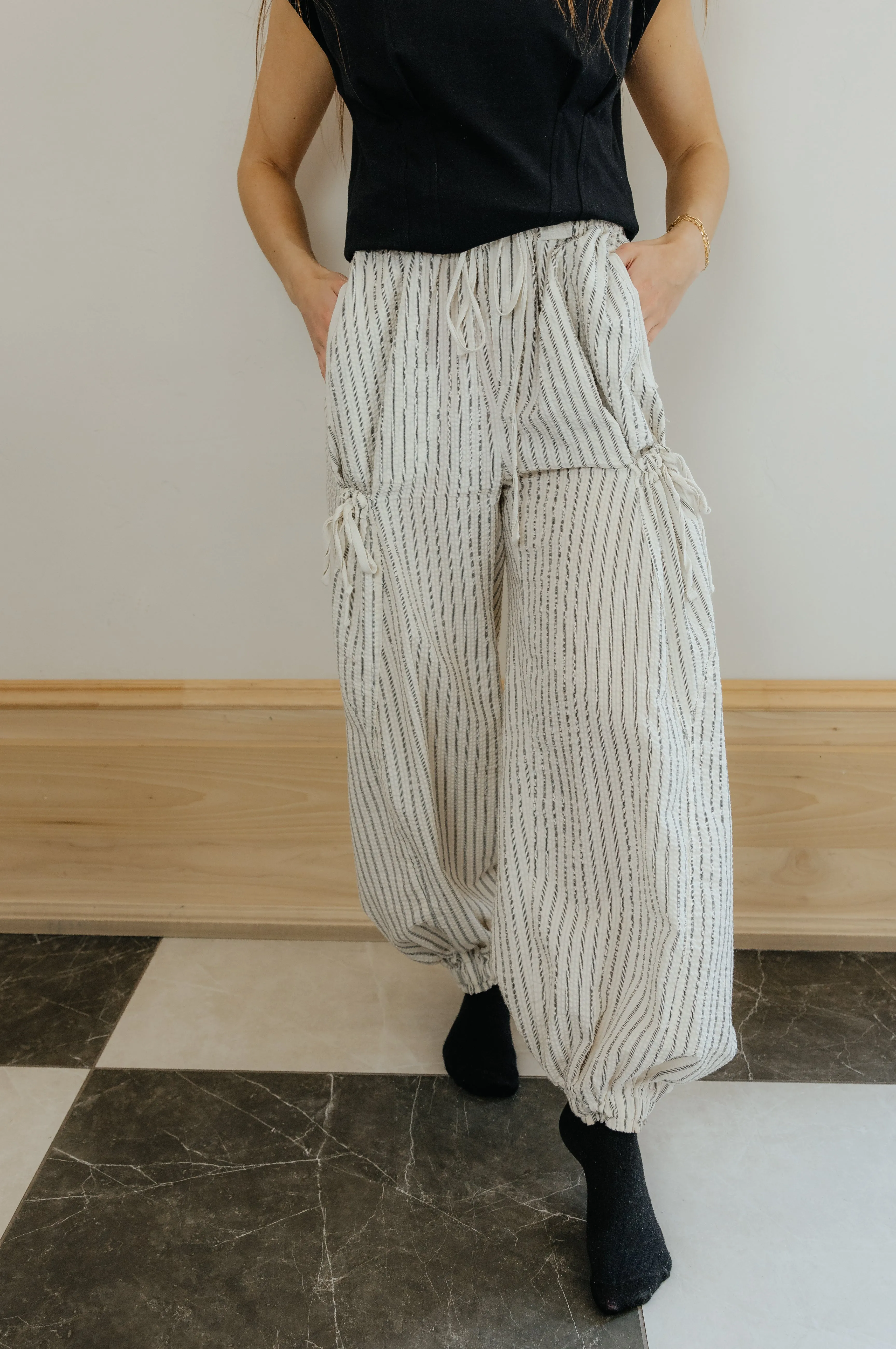 Beige Pinstripe Ruched Cargo Pants