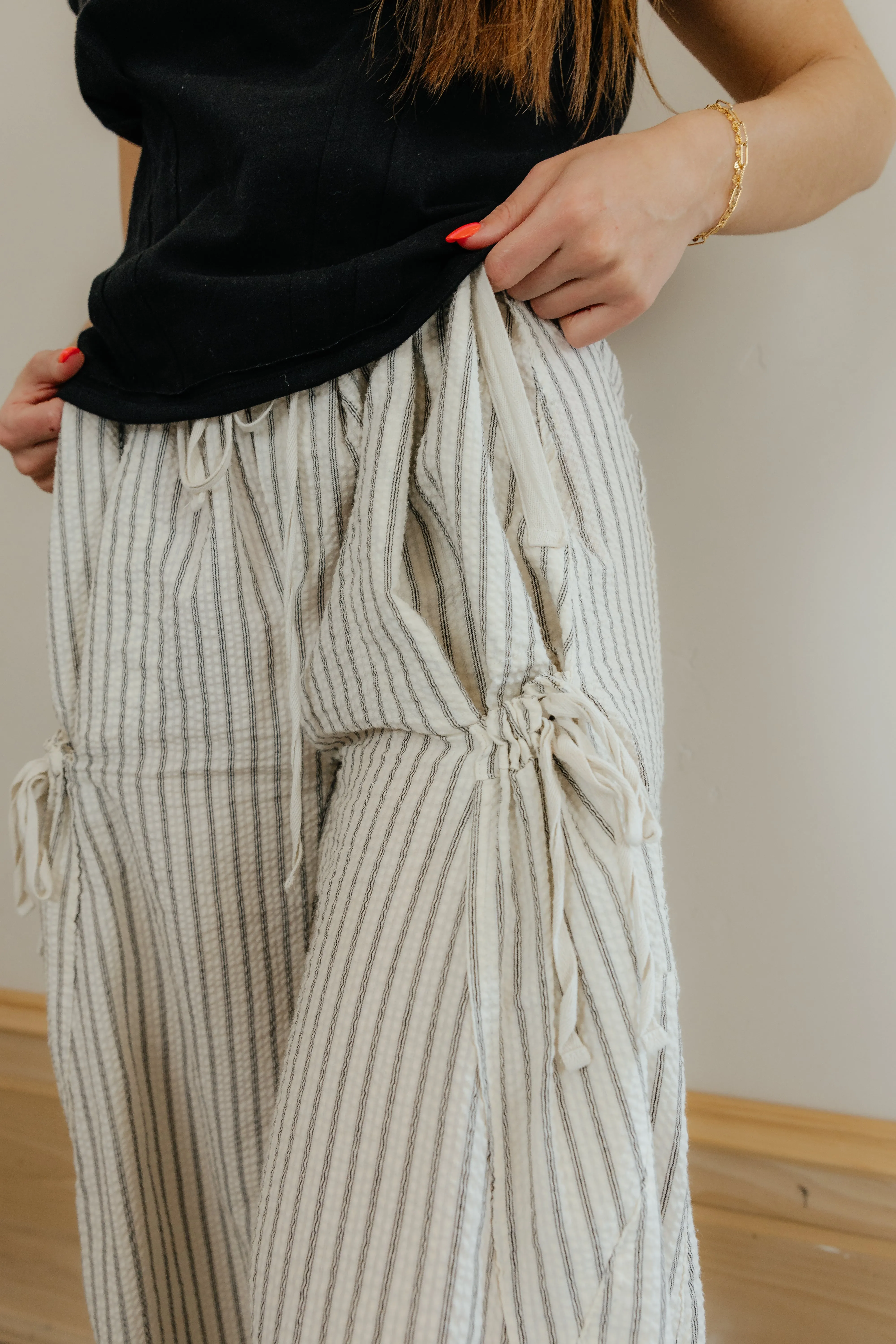 Beige Pinstripe Ruched Cargo Pants