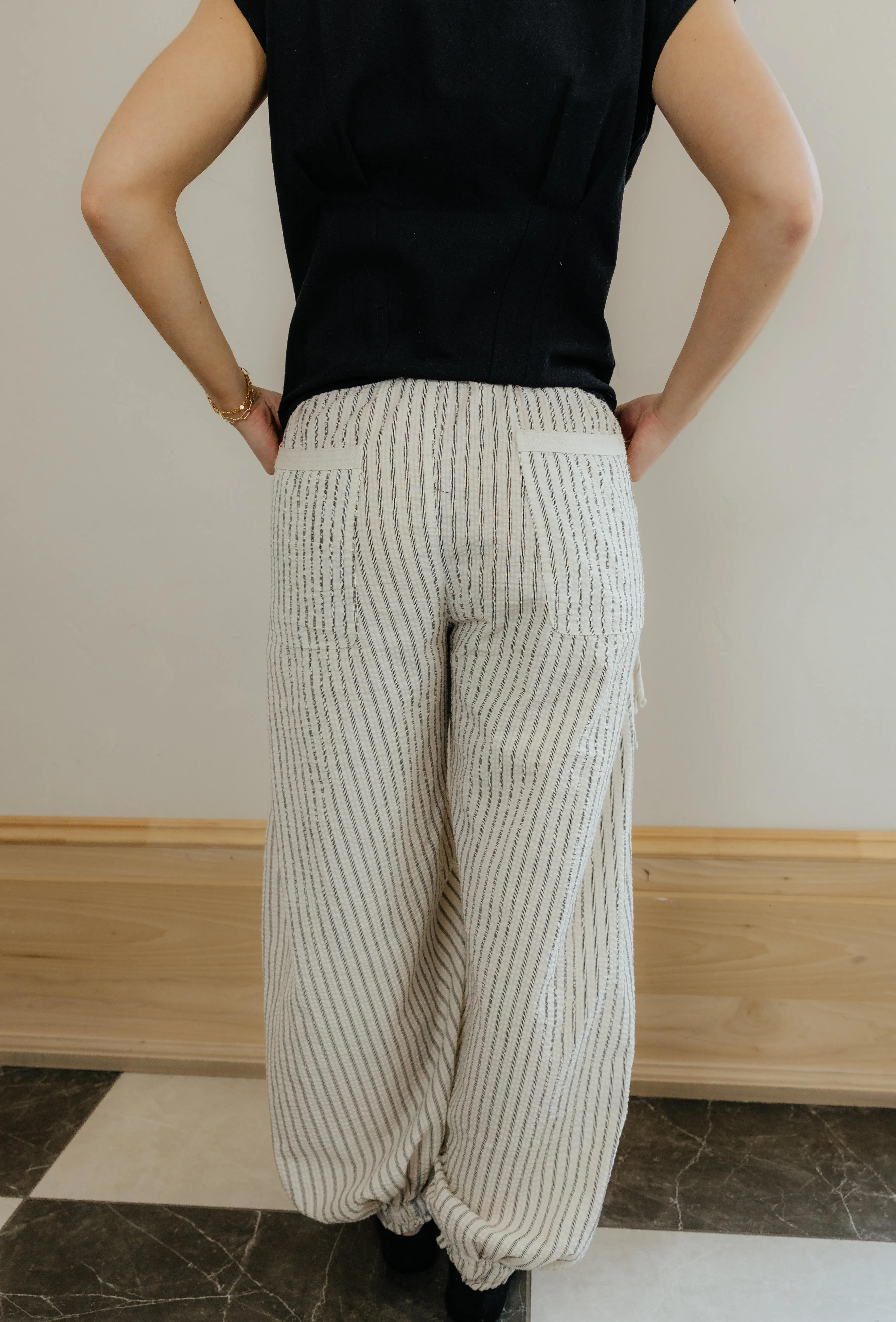 Beige Pinstripe Ruched Cargo Pants