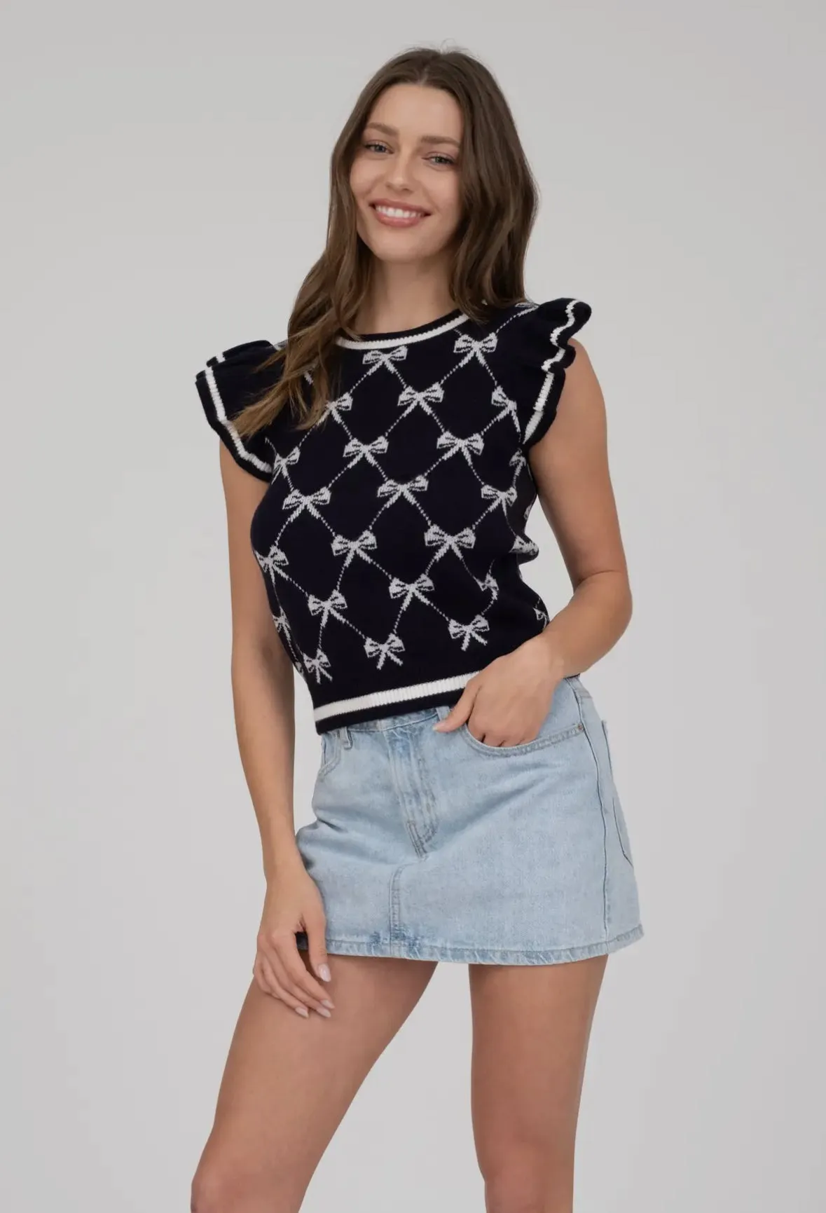 Bella Bow Knit Top - Navy