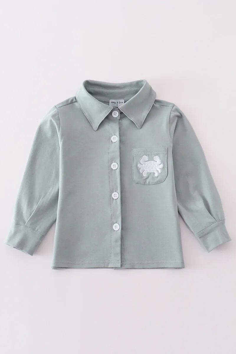 Blue crab embroidery boy button down shirt