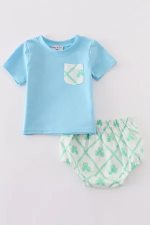 Blue St.patricks Clover Boy Bloomer Set