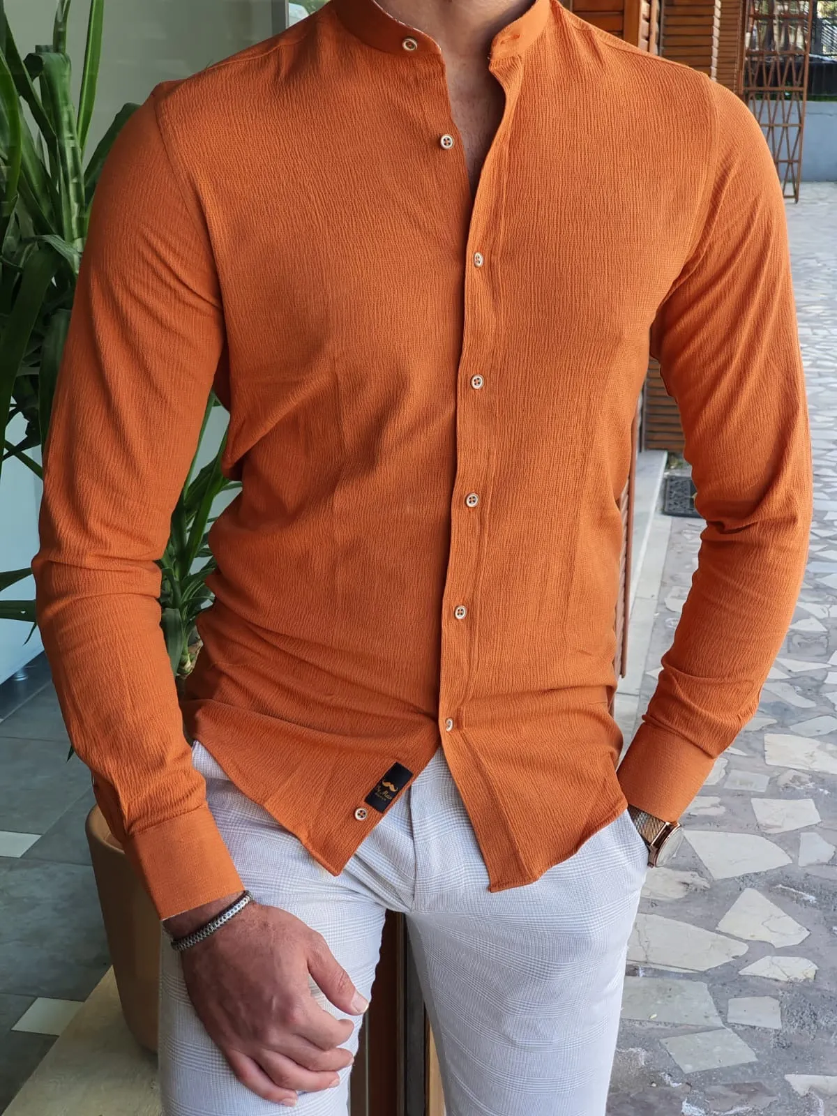 Brabion Aron Orange Slim Fit Long Sleeve Cotton Shirt