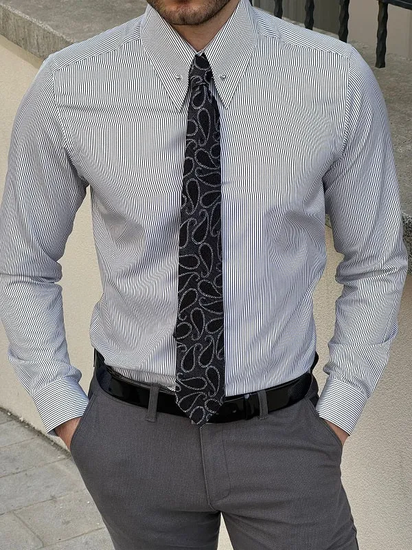 Brabion Berton Black Slim Fit Long Sleeve Pinstripe Dress Shirt