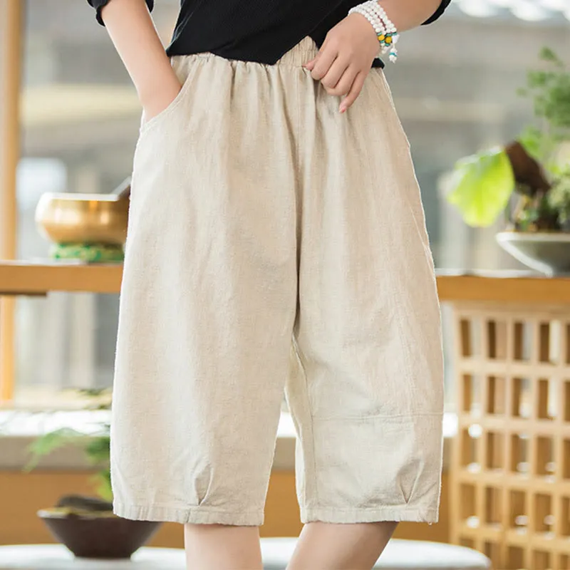 Buddha Stones Casual Plain Color Cotton Ramie Women's Shorts With Pockets