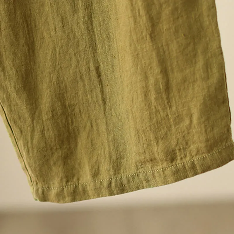 Buddha Stones Casual Plain Wrinkles Design Drawstring 9 Length Cotton Linen Women's Wide Leg Pants With Pockets