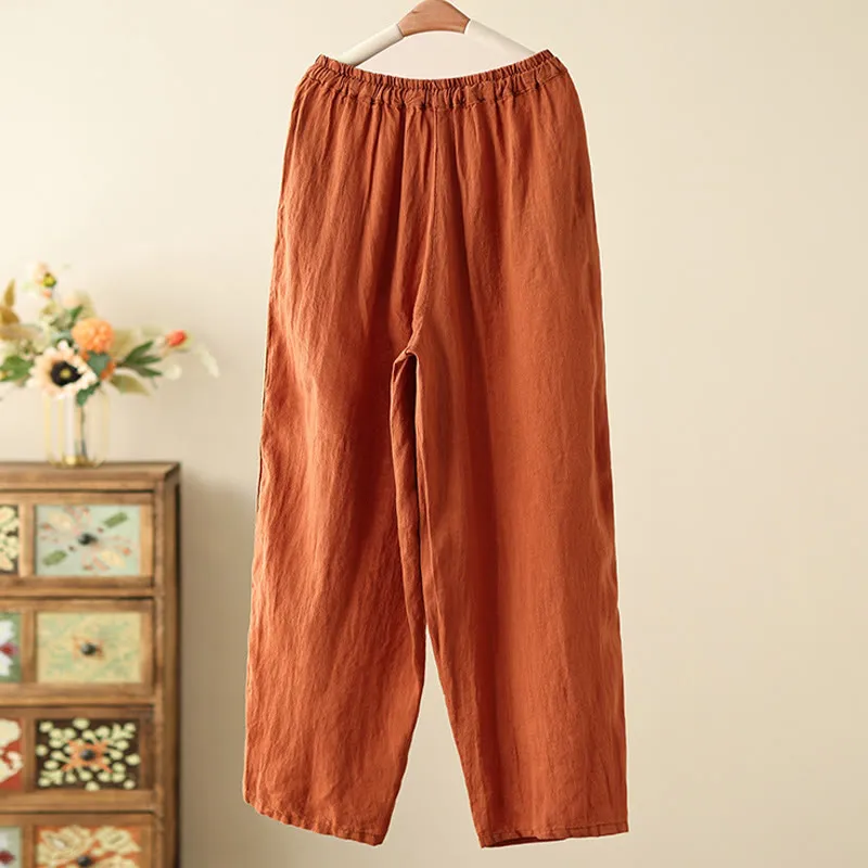 Buddha Stones Casual Plain Wrinkles Design Drawstring 9 Length Cotton Linen Women's Wide Leg Pants With Pockets