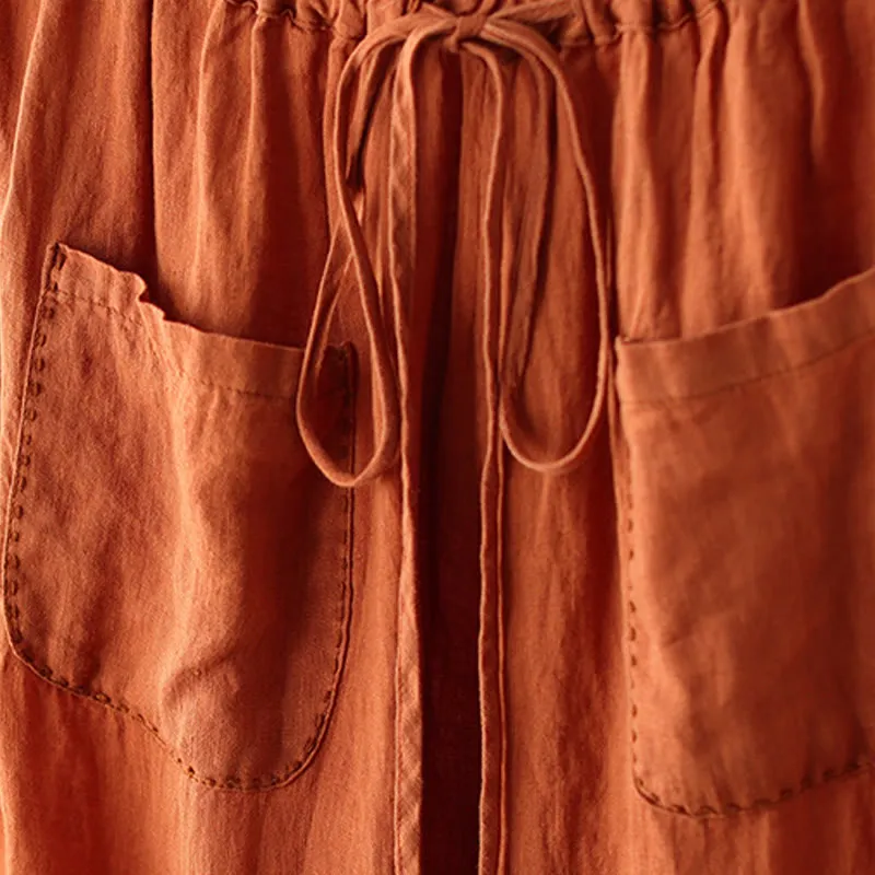 Buddha Stones Casual Plain Wrinkles Design Drawstring 9 Length Cotton Linen Women's Wide Leg Pants With Pockets