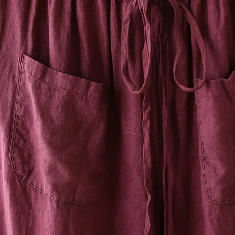 Buddha Stones Casual Plain Wrinkles Design Drawstring 9 Length Cotton Linen Women's Wide Leg Pants With Pockets