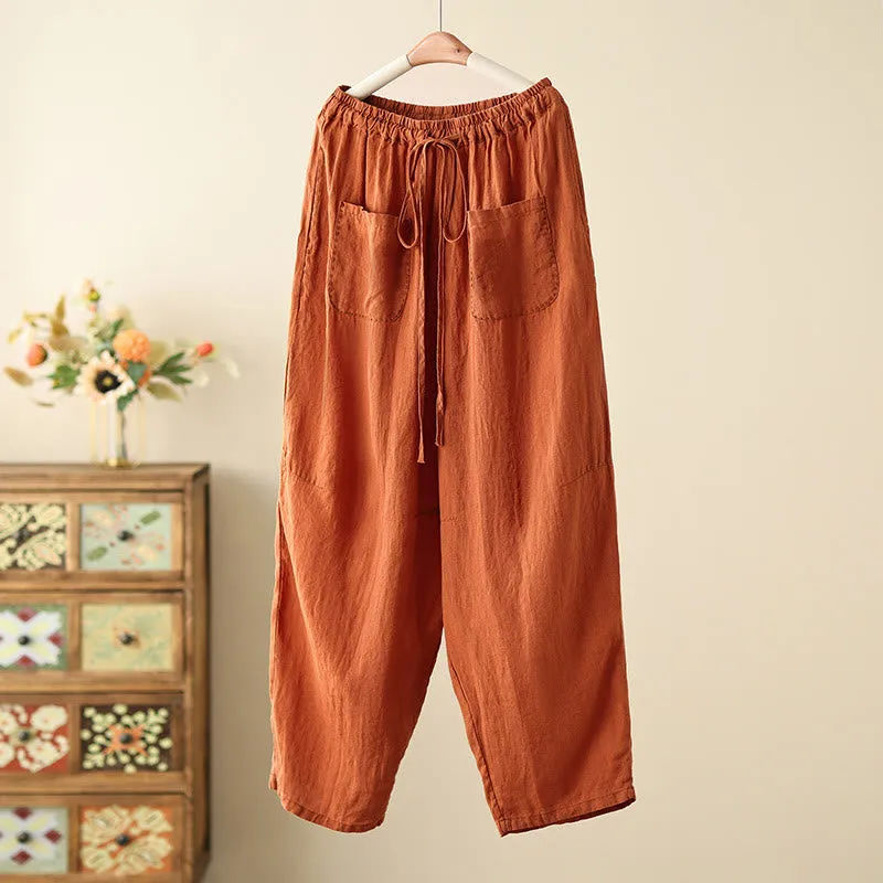Buddha Stones Casual Plain Wrinkles Design Drawstring 9 Length Cotton Linen Women's Wide Leg Pants With Pockets