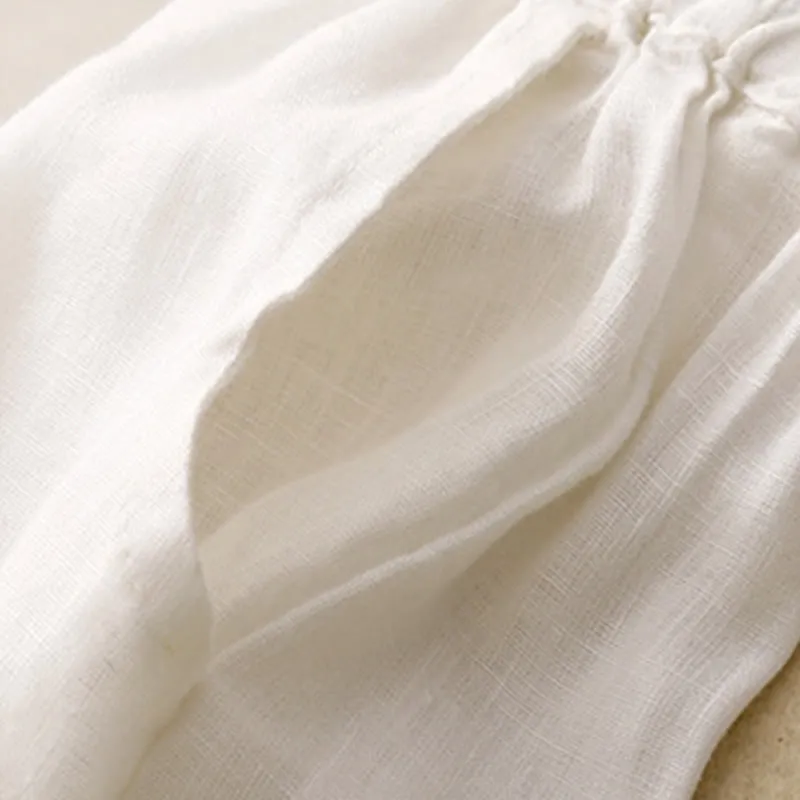 Buddha Stones Plain Color Cotton Linen Women's Pants With Pockets