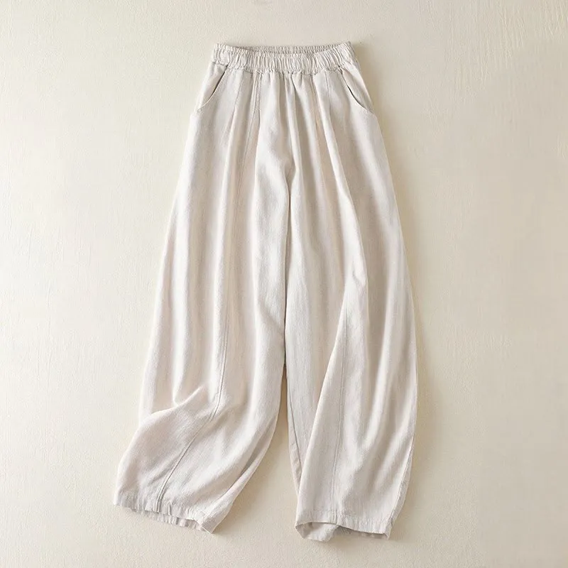 Buddha Stones Plain Color Cotton Linen Women's Pants With Pockets