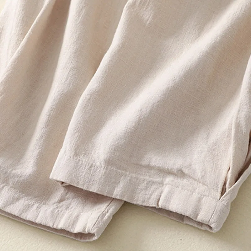Buddha Stones Versatile Casual Solid Color Elastic Waistband Cotton Linen Women's Pants With Pockets