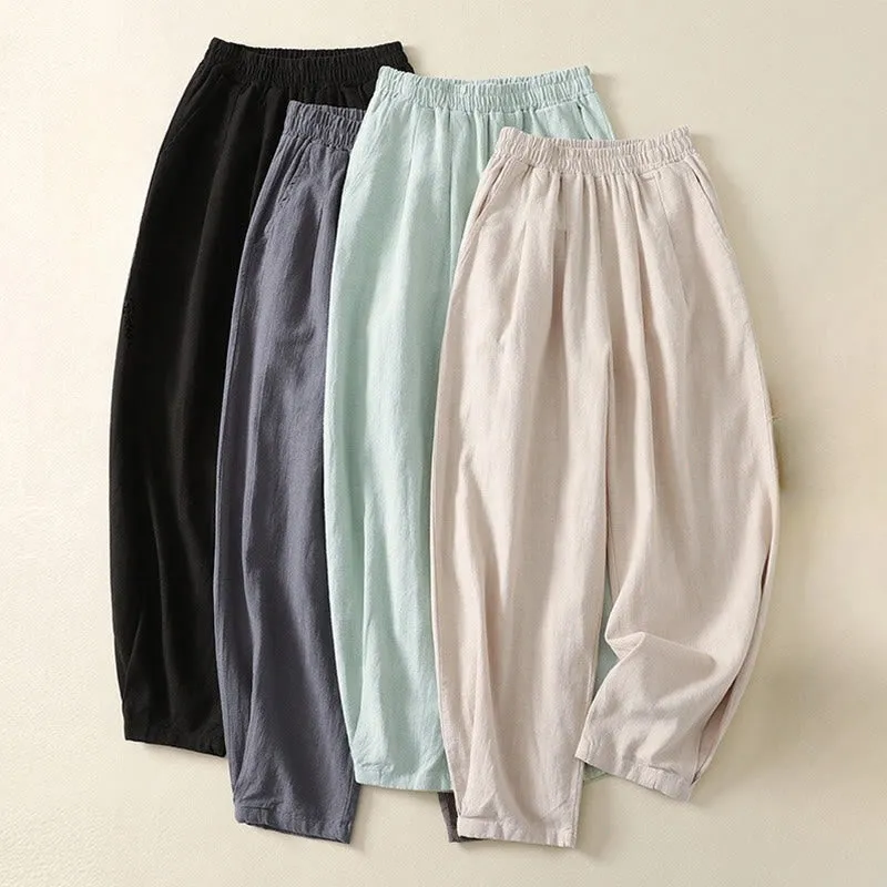 Buddha Stones Versatile Casual Solid Color Elastic Waistband Cotton Linen Women's Pants With Pockets