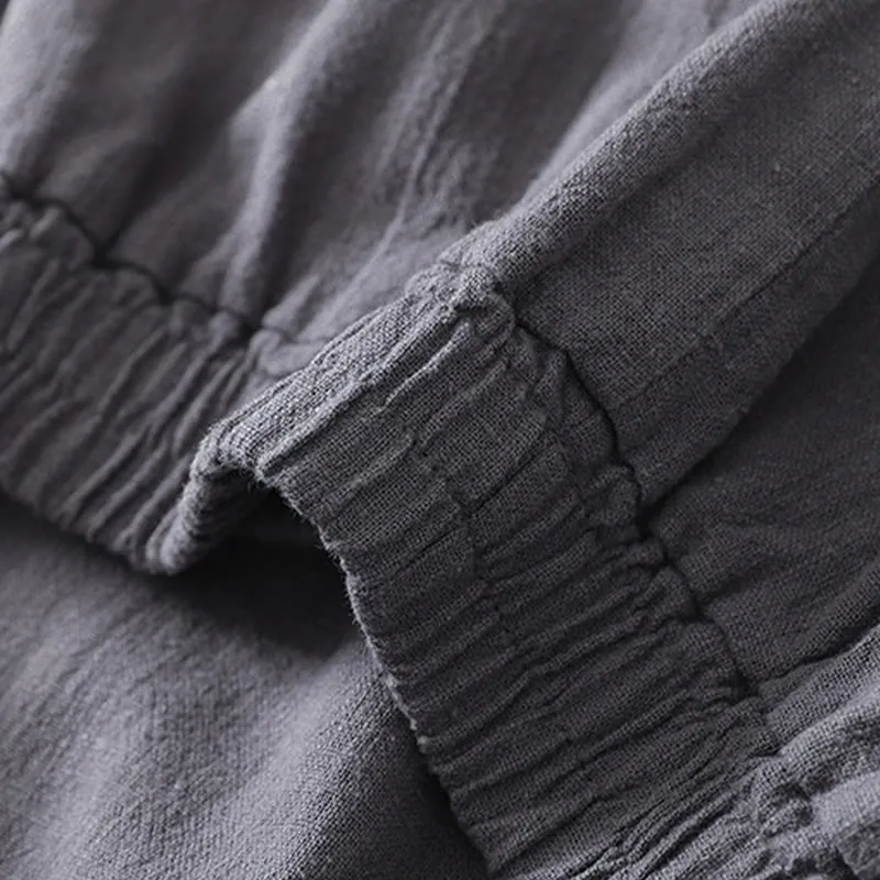 Buddha Stones Versatile Casual Solid Color Elastic Waistband Cotton Linen Women's Pants With Pockets