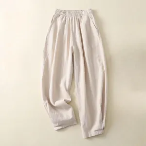Buddha Stones Versatile Casual Solid Color Elastic Waistband Cotton Linen Women's Pants With Pockets