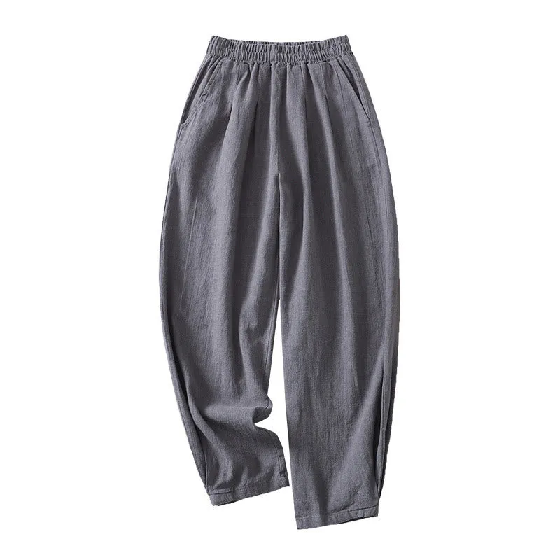 Buddha Stones Versatile Casual Solid Color Elastic Waistband Cotton Linen Women's Pants With Pockets